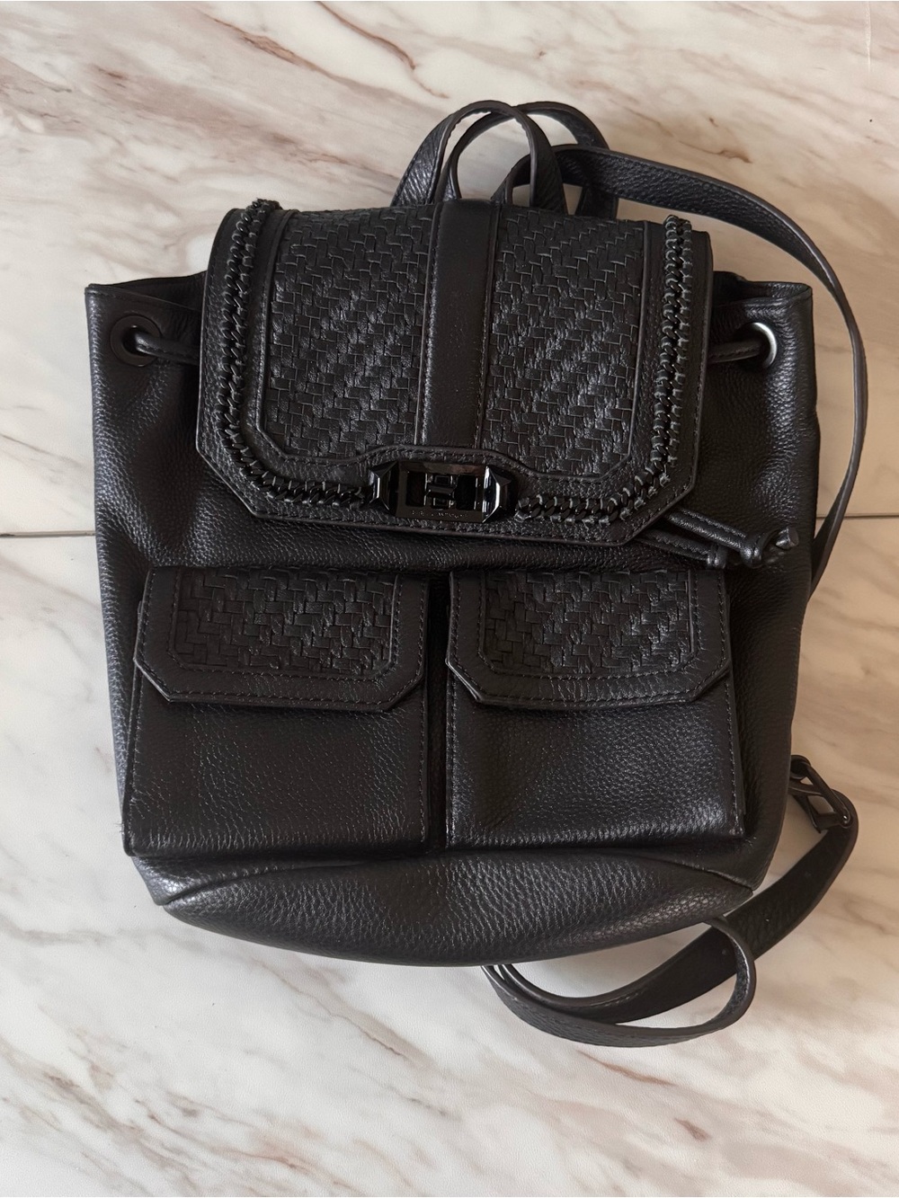 Rebecca Minkoff Black Leather Backpack Woven Flap Chain Trim Drawstring Medium